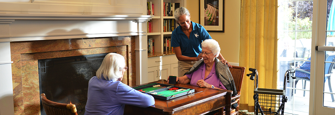 provider of dementia care in Annapolis Valley sitting at table with elderly woman